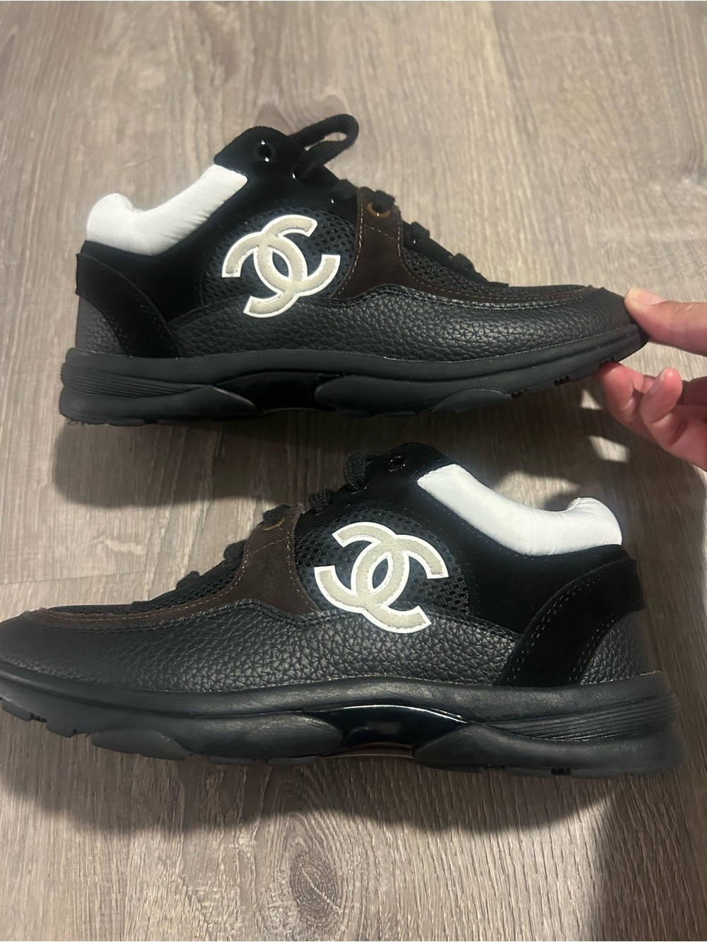 CHANEL Black, White & Brown Logo Sneakers - Picture 9 of 12